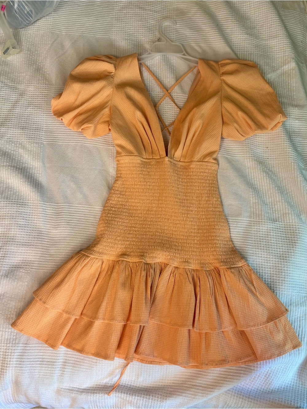 HELLO MOLLY “La Devotee” / peach smocked puff sleeve mini dress. - Picture 8 of 9